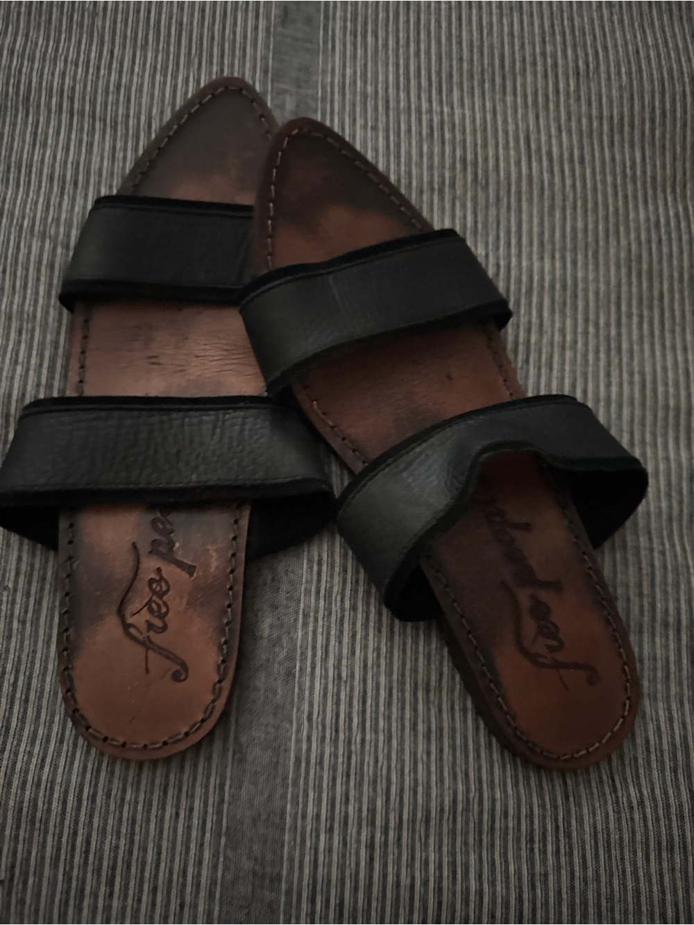 Free People Black Leather Double-Strap Slide Sandals